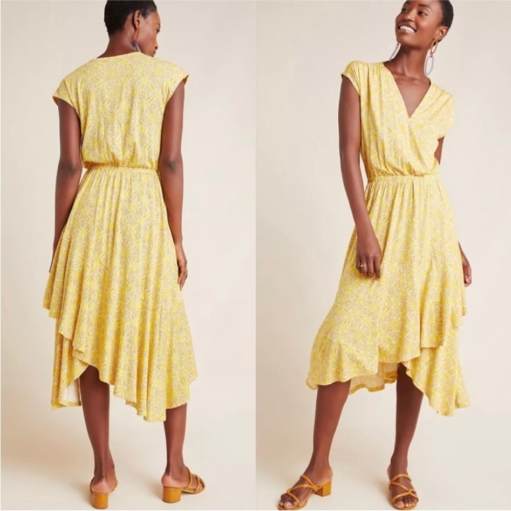 Anthropologie Maeve Fete yellow patterned midi dress, size small